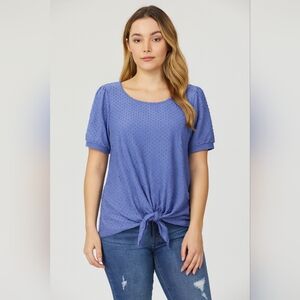 NWT W5 Blue Short Sleeve Clip Dot Tie-Front Top